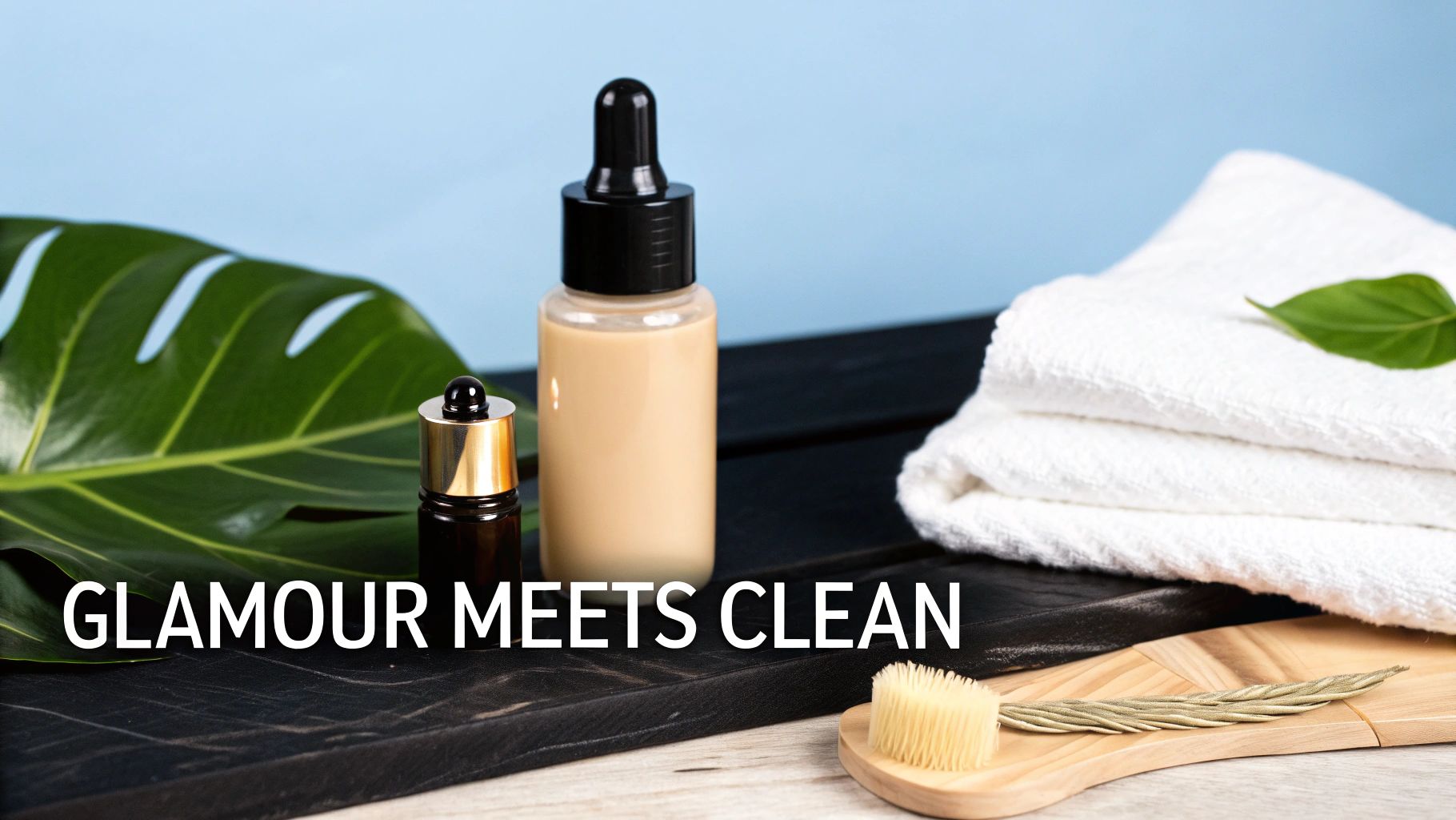 Clean beauty setup with foundation, serum, green leaf, and white towels on a rustic wooden table.