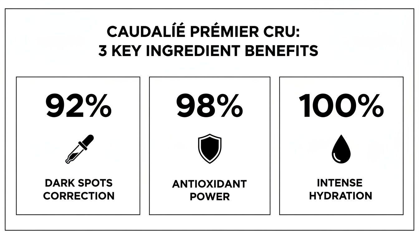 Caudalie Premier Cru shows 3 key ingredient benefits: 92% dark spots correction, 98% antioxidant power, 100% intense hydration.