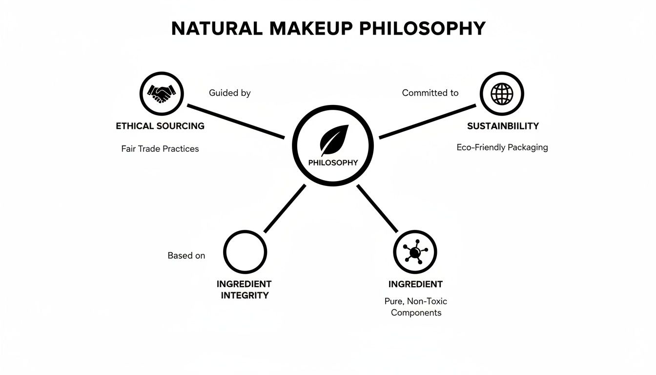A diagram illustrating the natural makeup philosophy, highlighting ethical sourcing, sustainability, and ingredient integrity.