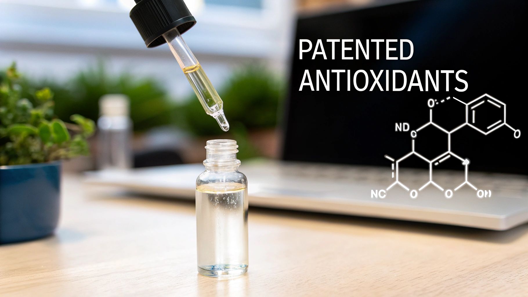 A dropper adds liquid to a small bottle, with 'PATENTED ANTIOXIDANTS' and a chemical structure visible on a laptop.