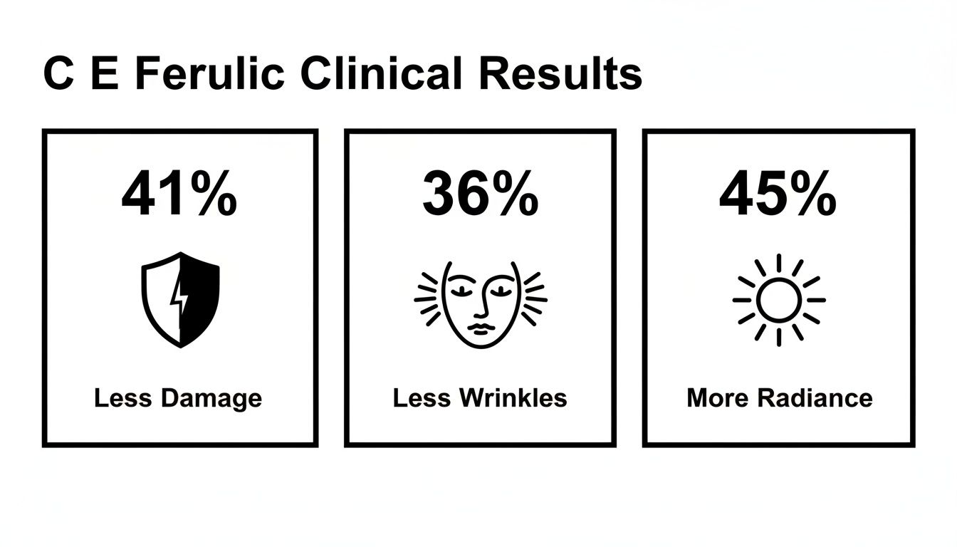 Clinical results for Skinceuticals C E Ferulic showing 41% less damage, 36% less wrinkles, and 45% more radiance.