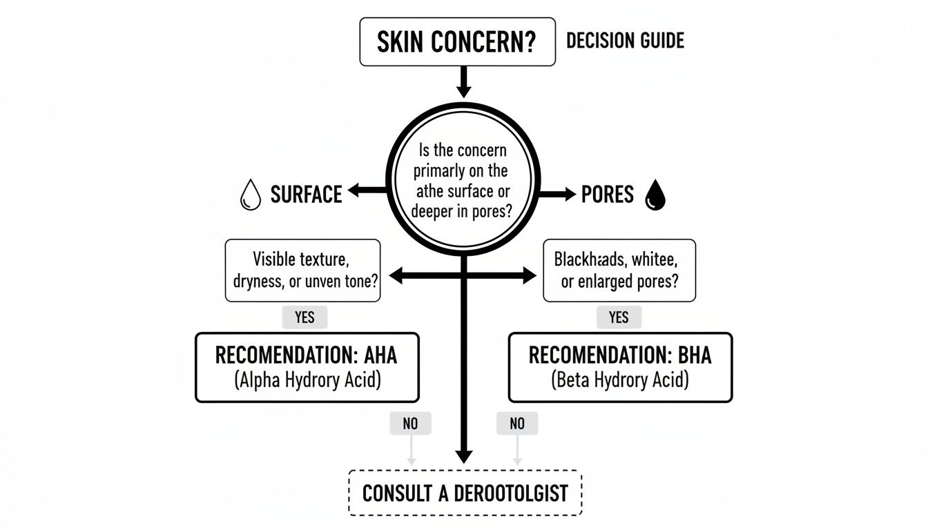 A skincare decision guide flowchart recommending AHA for surface concerns and BHA for pore concerns.