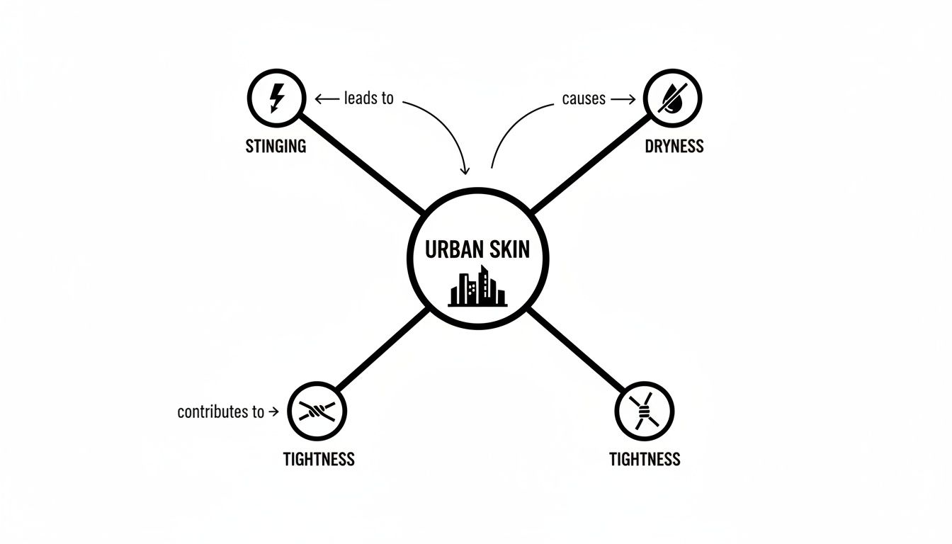 A diagram illustrating urban skin symptoms: stinging, dryness, and tightness, connected by arrows.