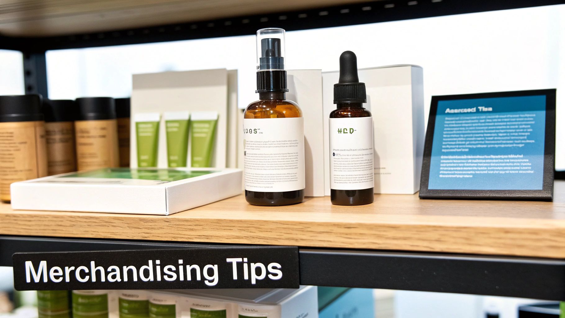 A close-up of a neatly organized wooden shelf featuring various cosmetic products and a 'Merchandising Tips' sign.