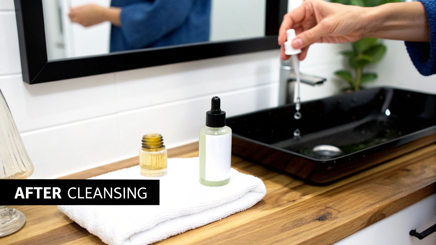 A person's hand drops serum from a dropper bottle into a black sink on a wooden counter.