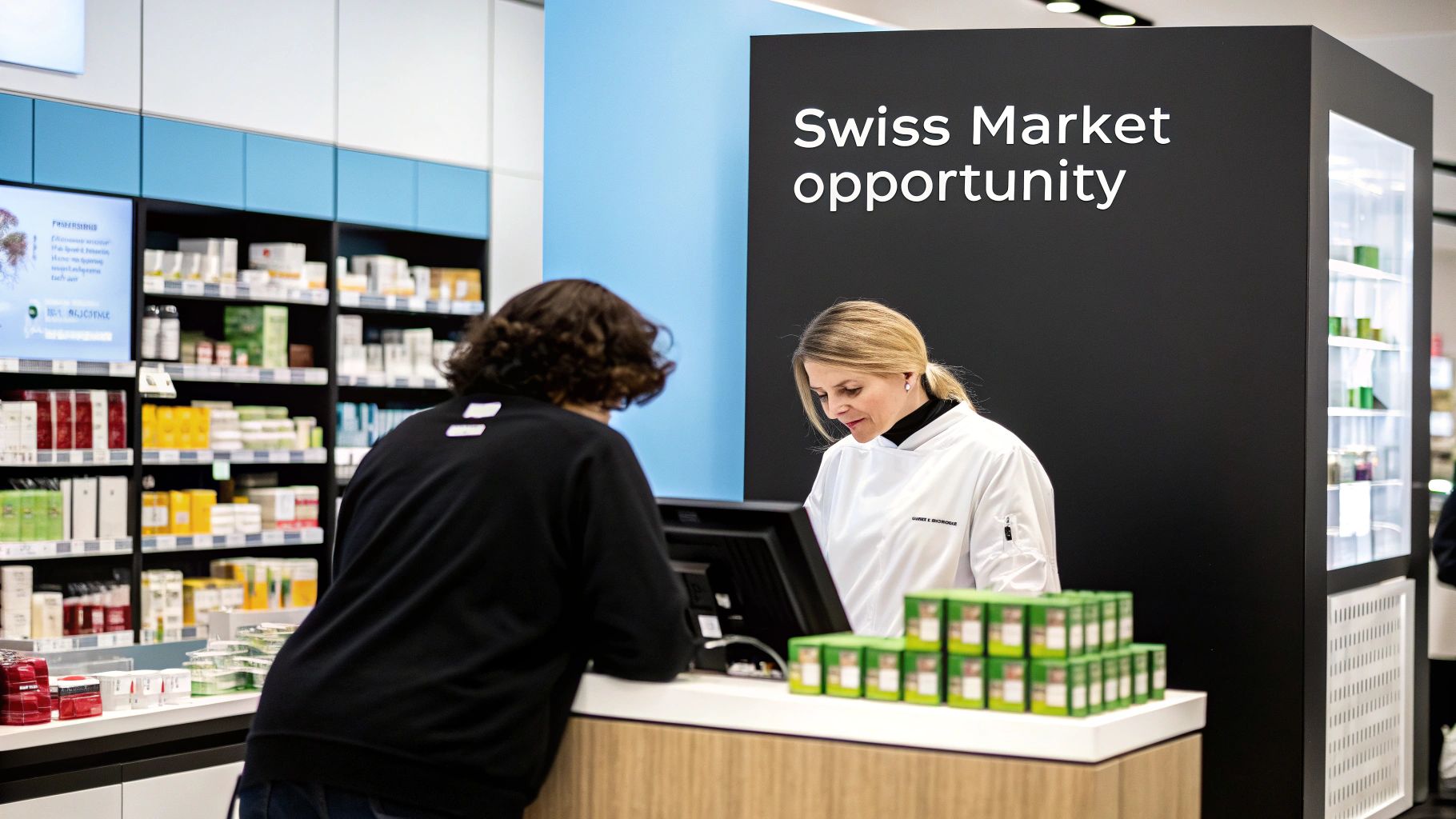 A pharmacy employee assists a customer at a counter with shelves of products and a 'Swiss Market opportunity' sign.
