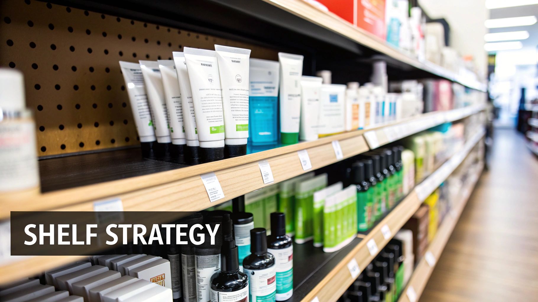 A close-up of retail shelves stocked with various white tubes and bottles of personal care products, with 'SHELF STRATEGY' overlay.