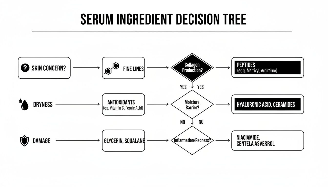 A serum ingredient decision tree flowchart guiding ingredient selection for skin concerns like fine lines, dryness, and damage.