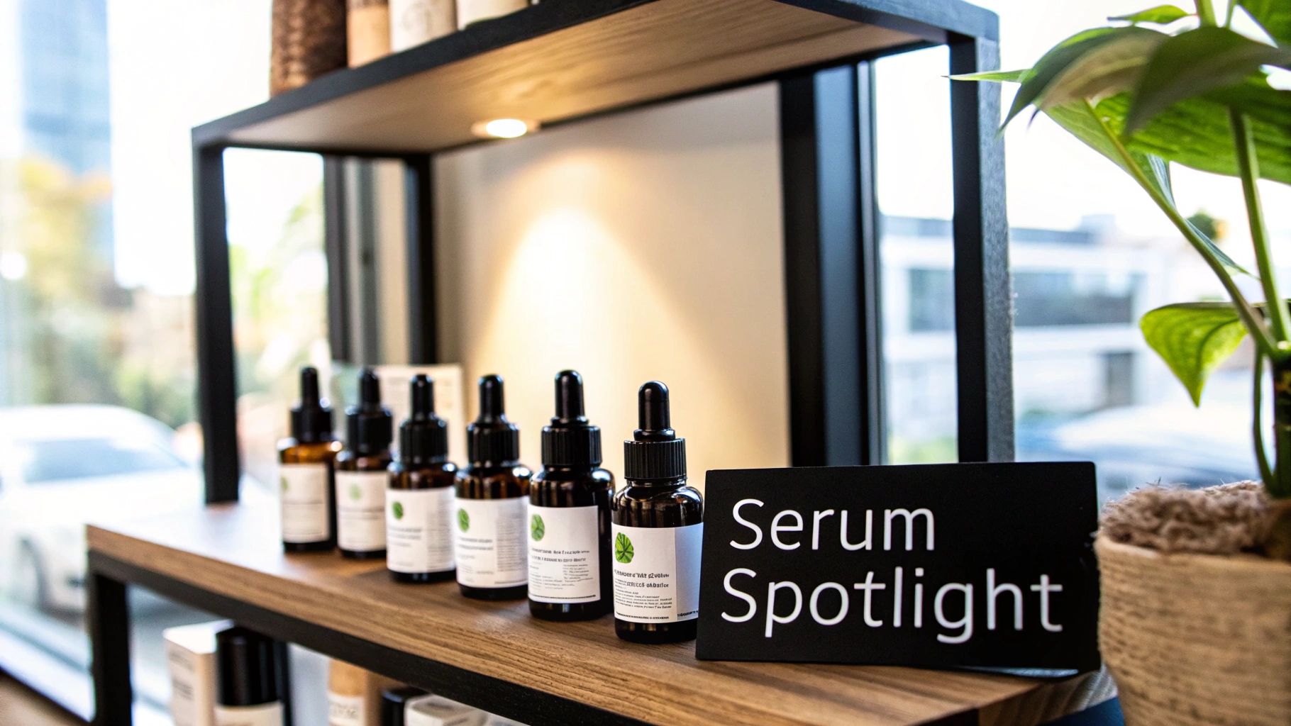 Skincare serums in amber dropper bottles displayed on a wooden shelf with a 'Serum Spotlight' sign.