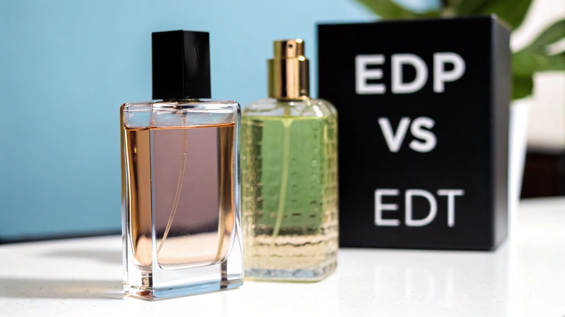 Two perfume bottles, one amber and one green, next to a black box comparing EDP vs EDT.