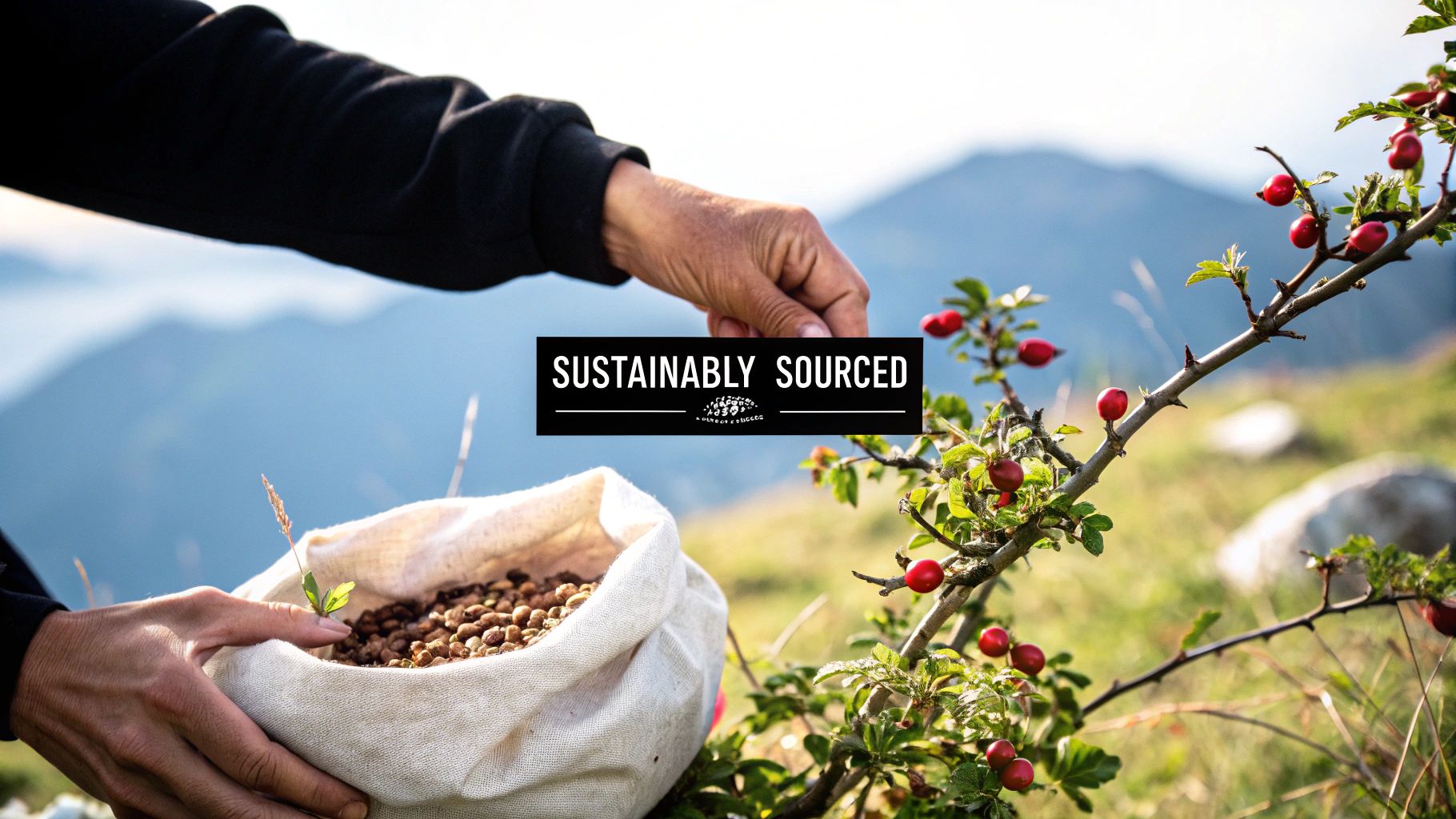 Hands collecting rosehip seeds into a cloth bag, with red rose hips on a plant, suggesting sustainable sourcing.
