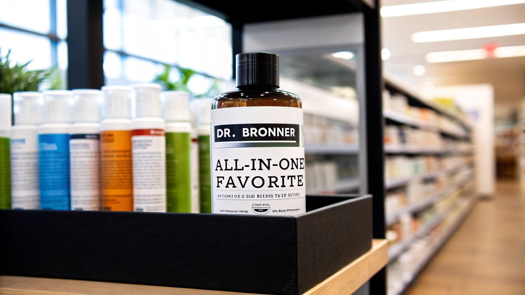 A Dr. Bronner's All-In-One Favorite soap bottle displayed prominently in a store aisle.