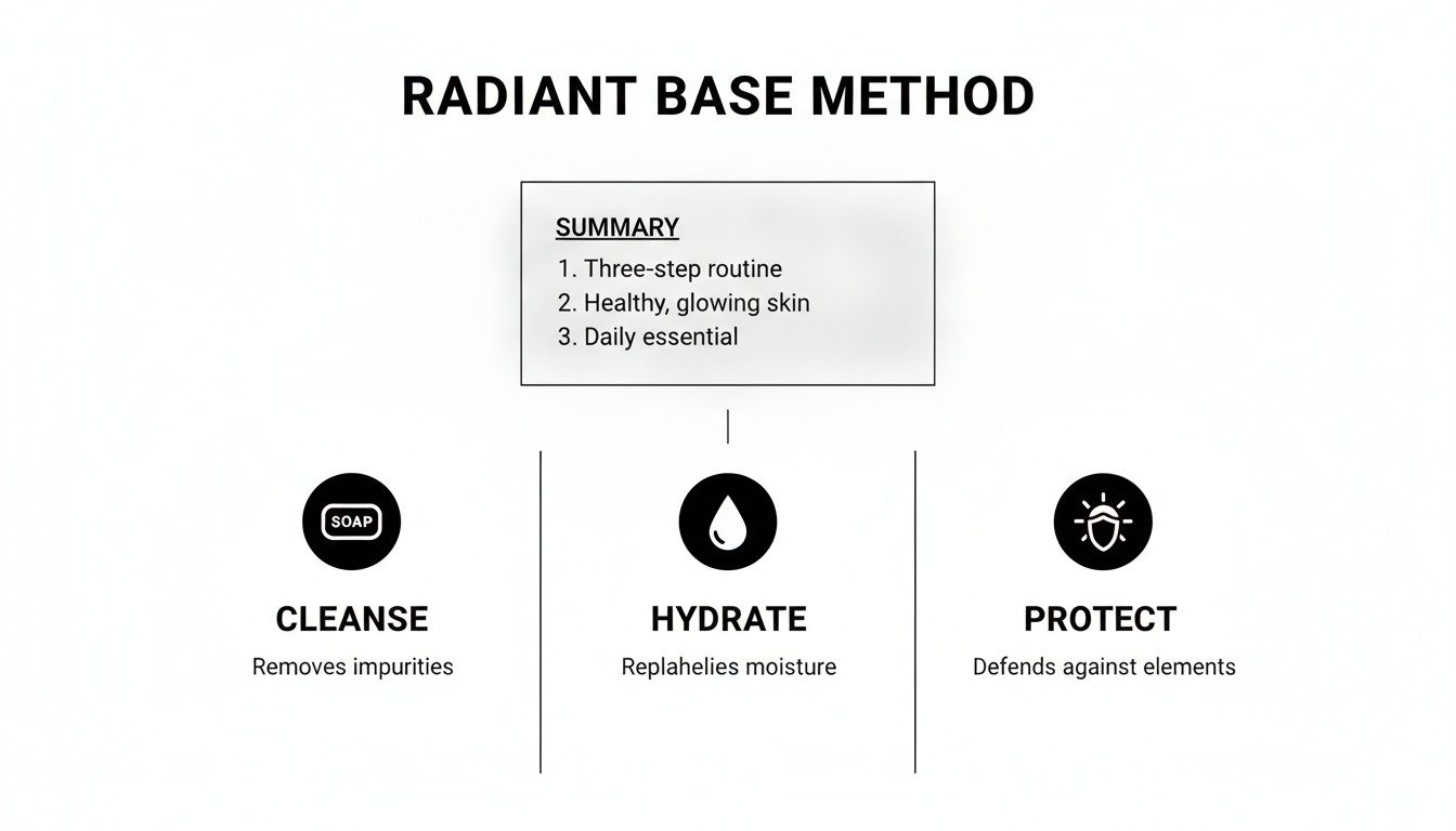 Diagram illustrating a three-step radiant base method for healthy, glowing skin: Cleanse, Hydrate, Protect.