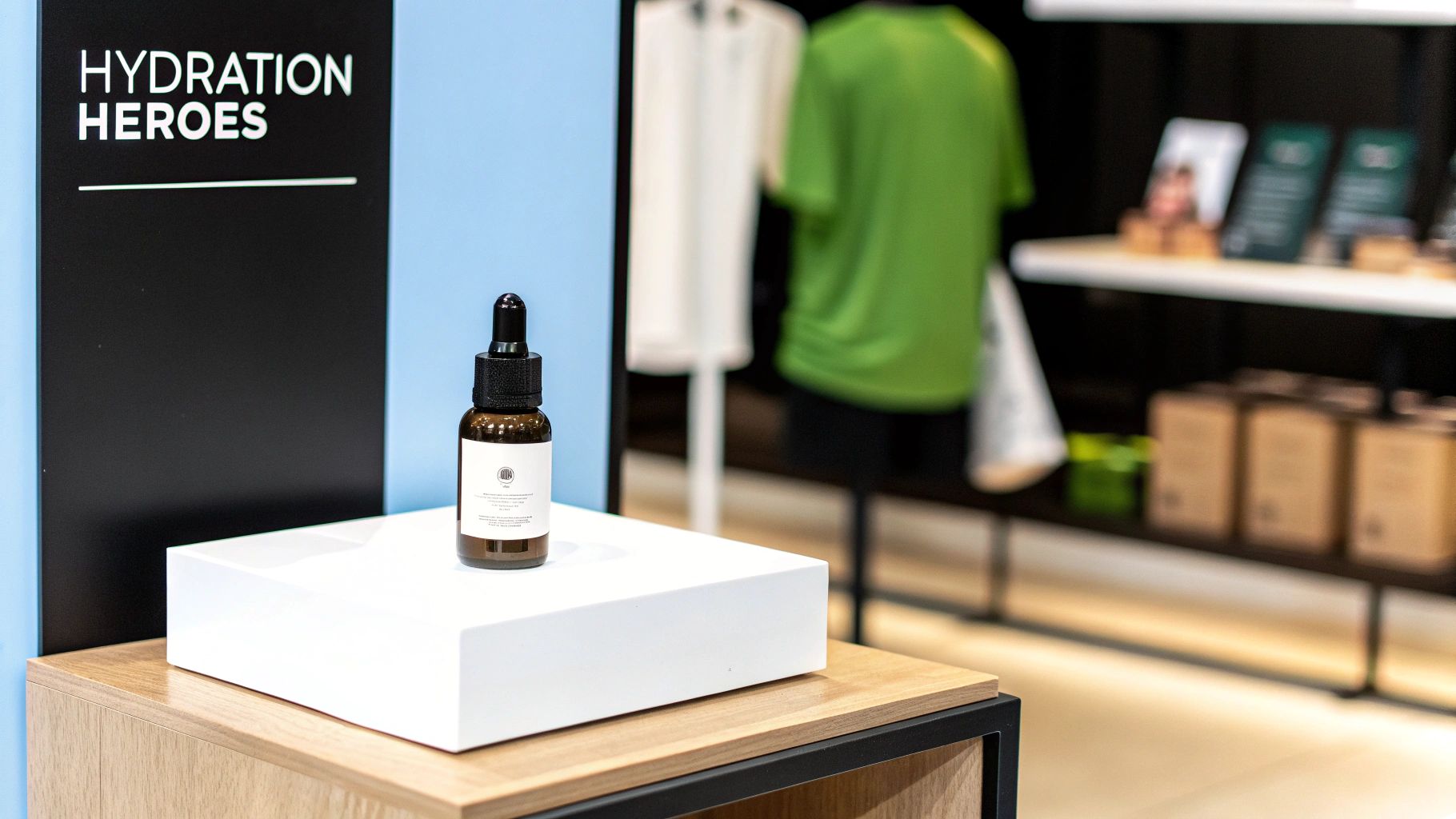 A brown dropper bottle of hydration serum on a white display stand, with a 'HYDRATION HEROES' sign.