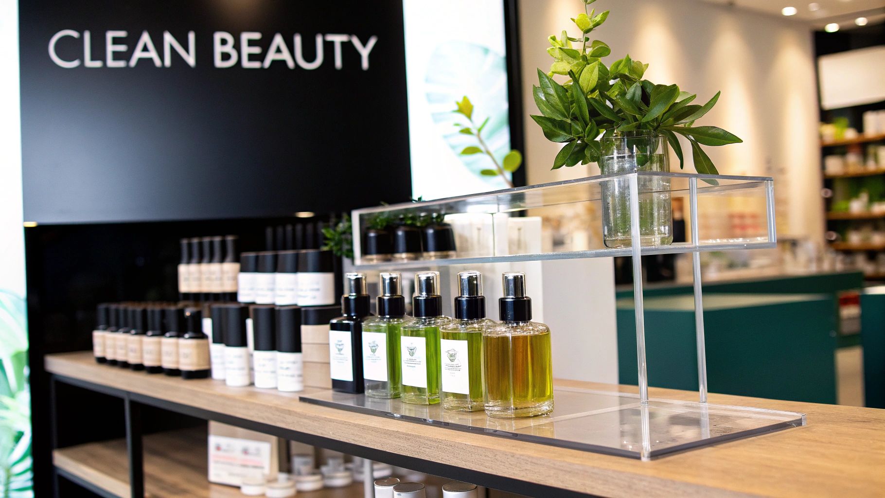 A clean beauty display in a store, featuring various skincare products and green plants.
