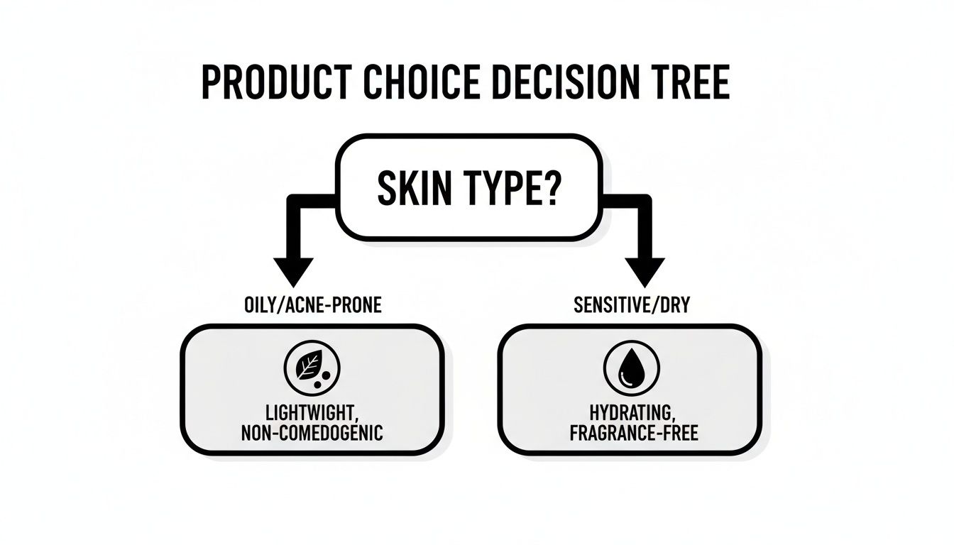 Decision tree for skin product choice, categorizing products by skin type: oily/acne-prone and sensitive/dry.