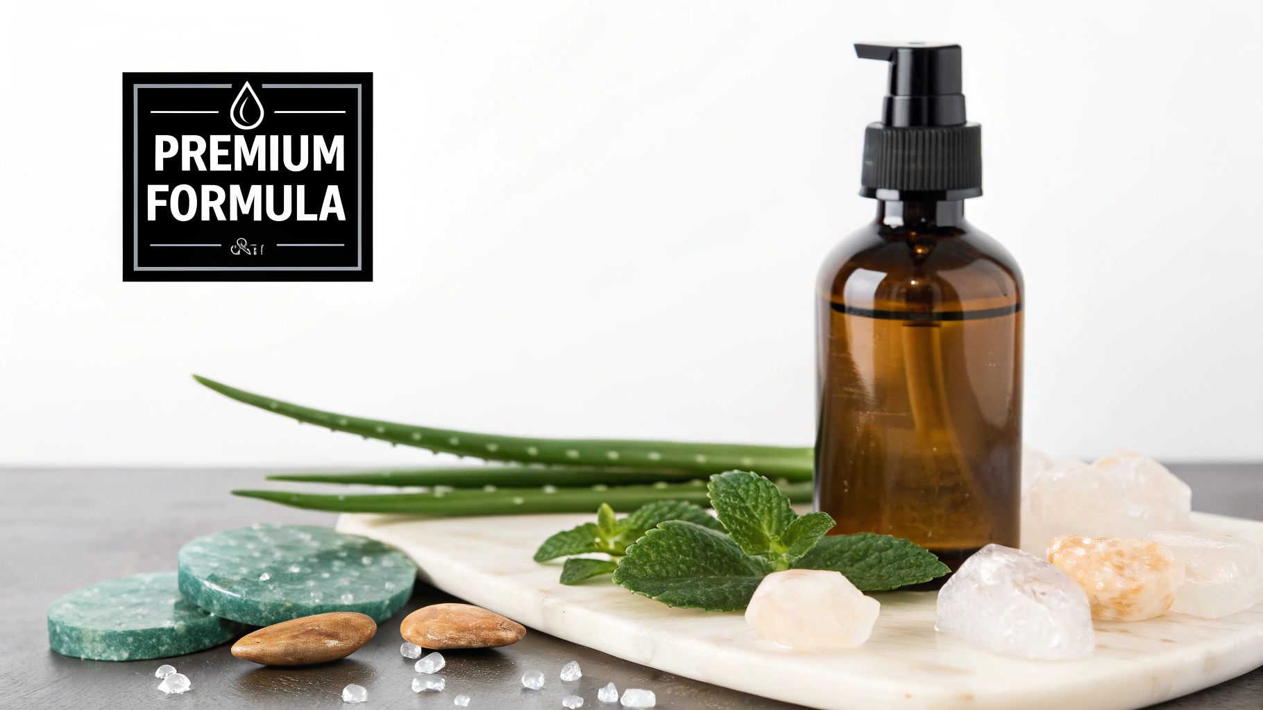 A brown pump bottle, aloe vera, mint leaves, and crystals on a marble tray with a 'Premium Formula' label.