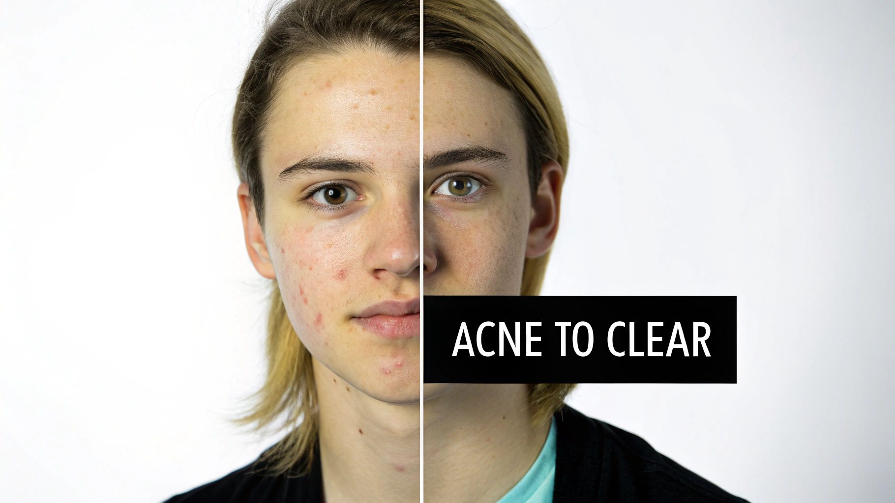 A split image showing a person's face before and after acne treatment, with text 'ACNE TO CLEAR'.