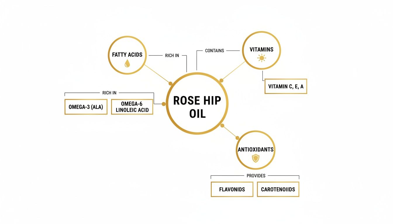 Infographic detailing the beneficial components of rose hip oil, including fatty acids, vitamins C, E, A, and antioxidants.