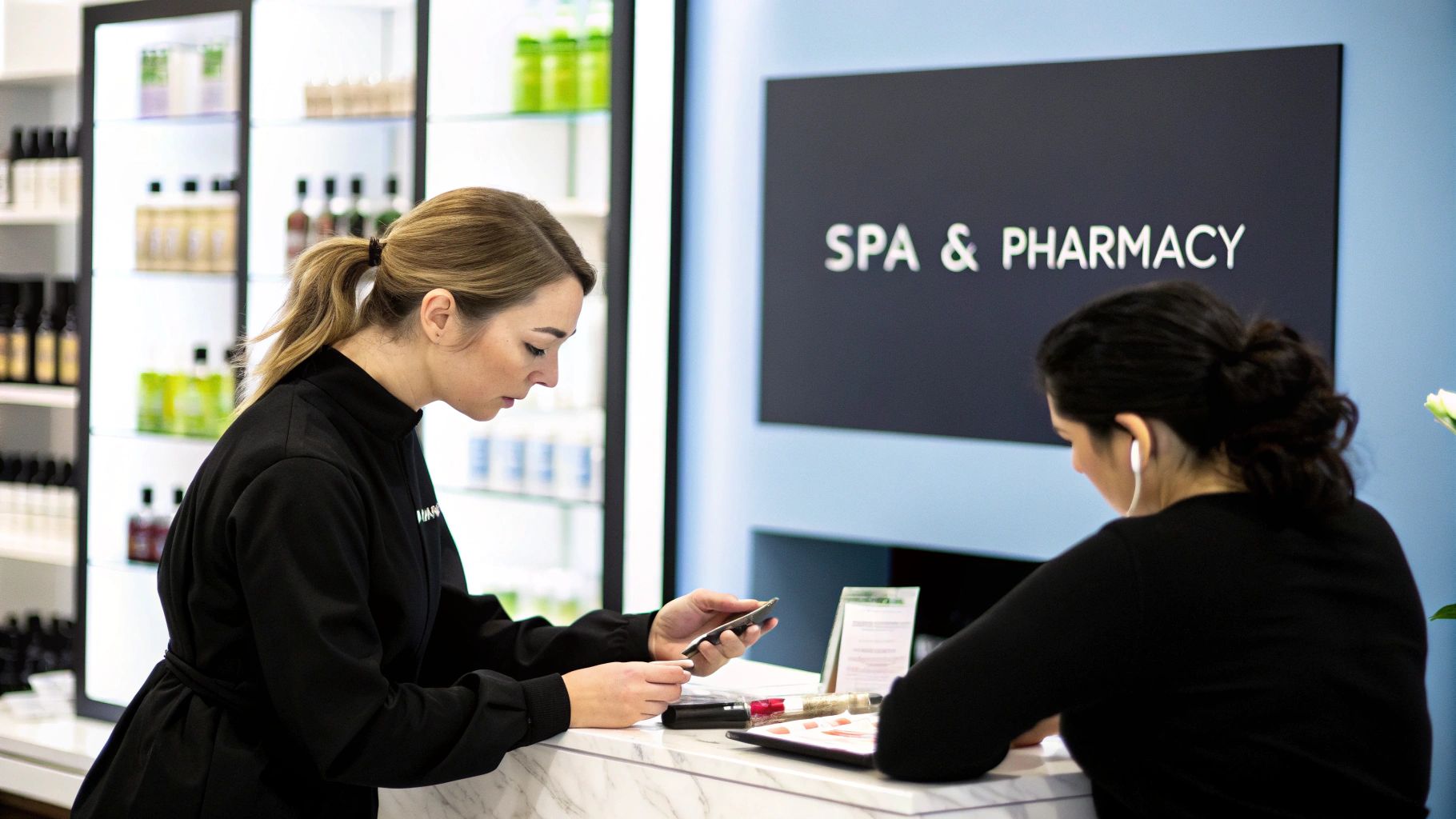 Two women in a modern spa and pharmacy. One staff member uses a phone at the counter, another works nearby.