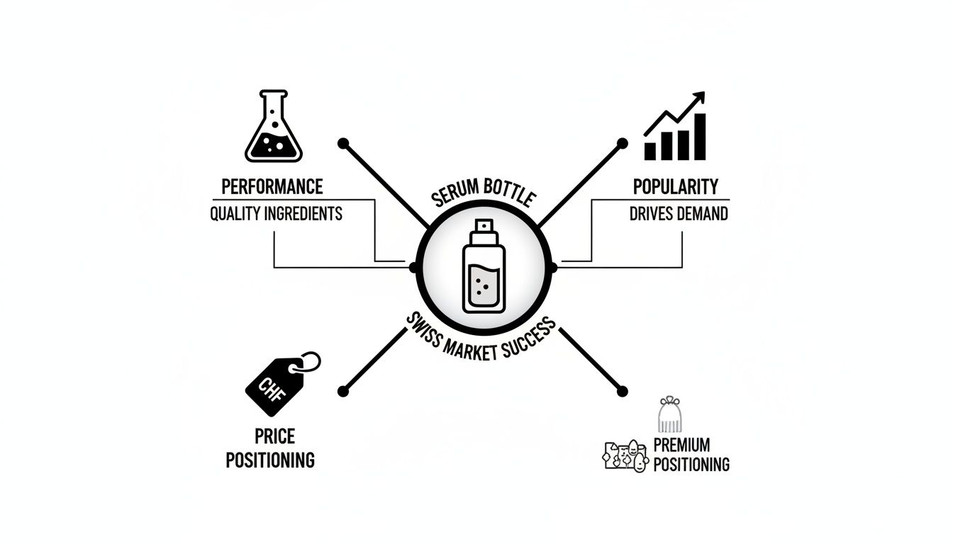 Diagram showing factors for a serum bottle's Swiss market success: performance, popularity, price, premium positioning.