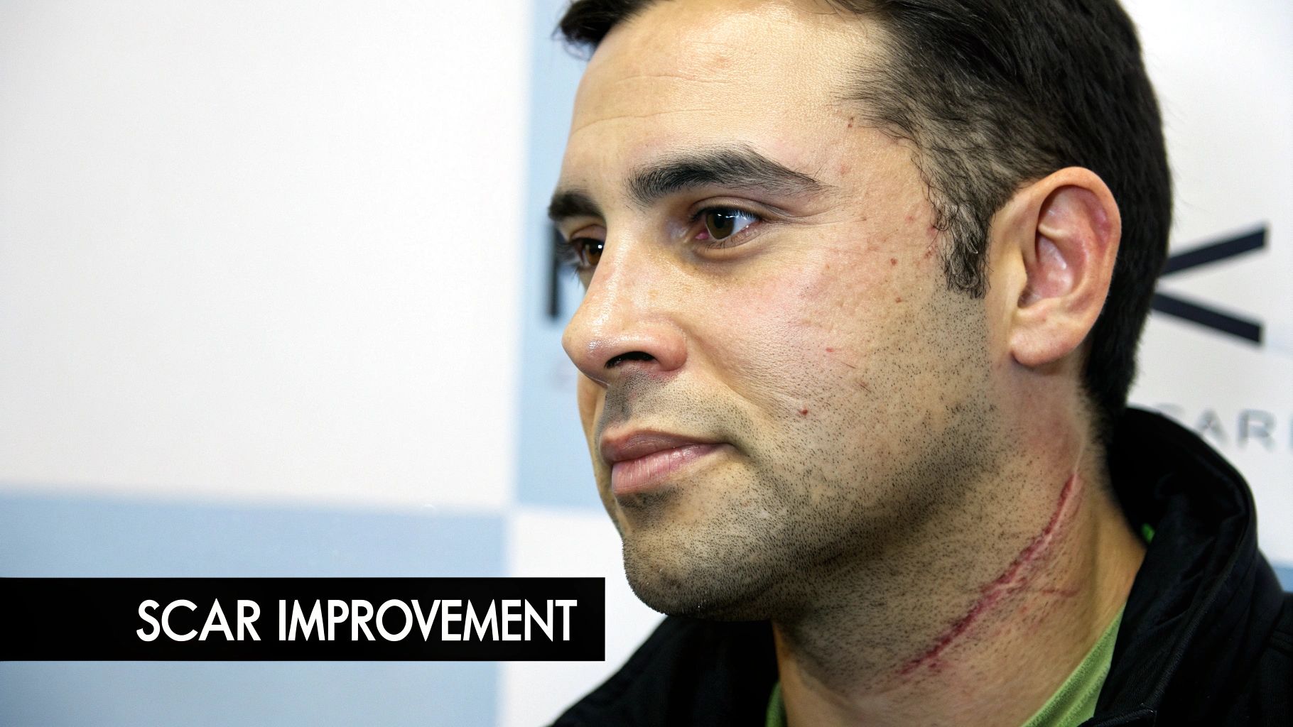 Close-up of a man's profile, showing red scars on his neck and skin texture, with 'SCAR IMPROVEMENT' text.