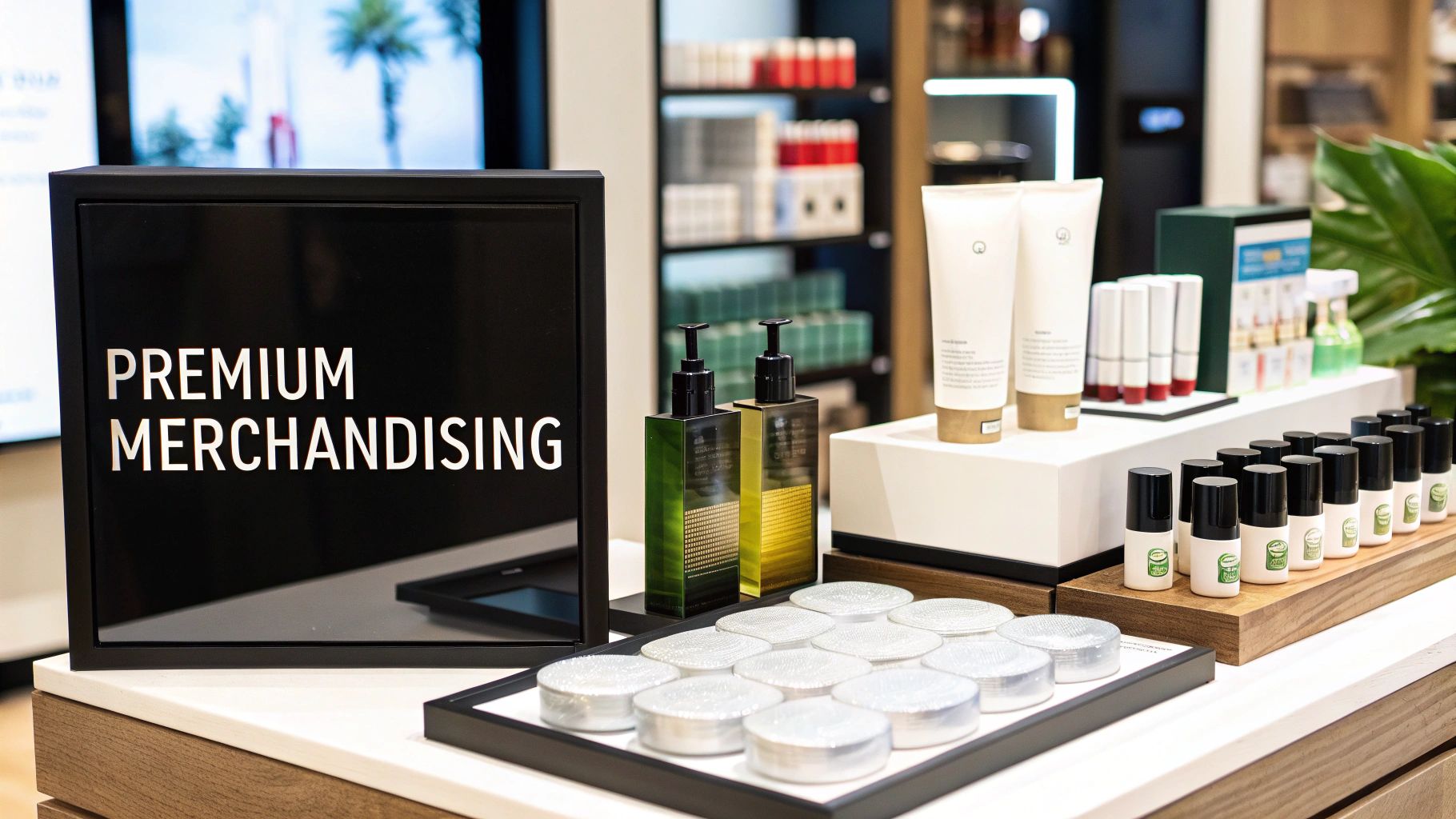 A stylish retail display showcases premium beauty and cosmetic products, highlighted by a 'PREMIUM MERCHANDISING' sign.