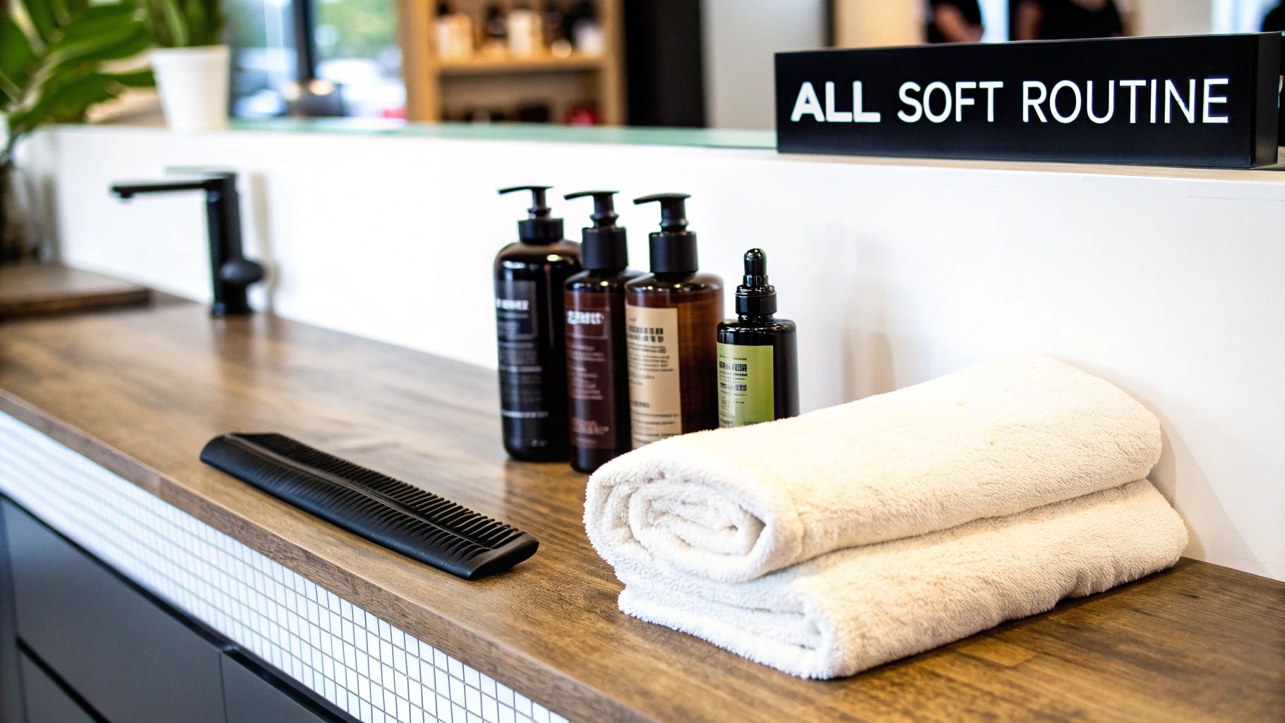 A salon counter displaying Redken All Soft Routine hair products, a comb, and clean towels.
