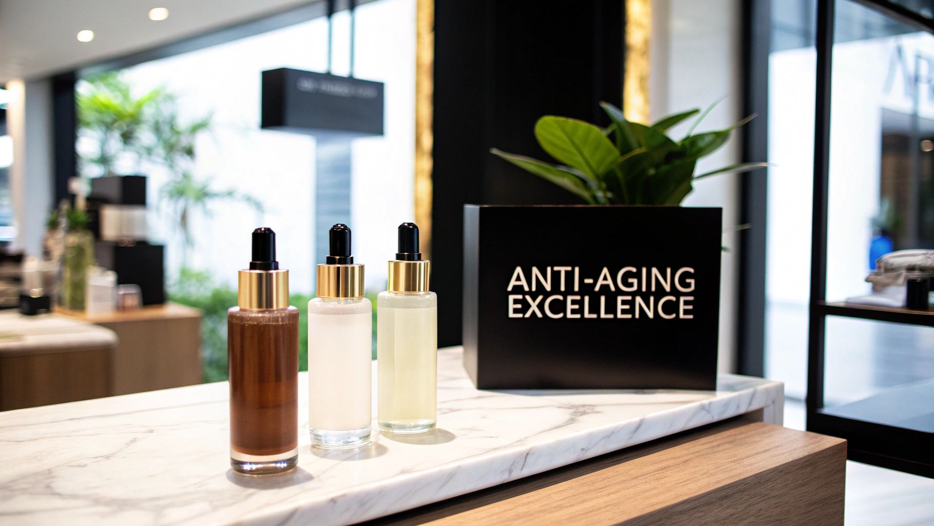 Three cosmetic serum dropper bottles with gold caps on a marble counter next to an 'ANTI-AGING EXCELLENCE' sign.