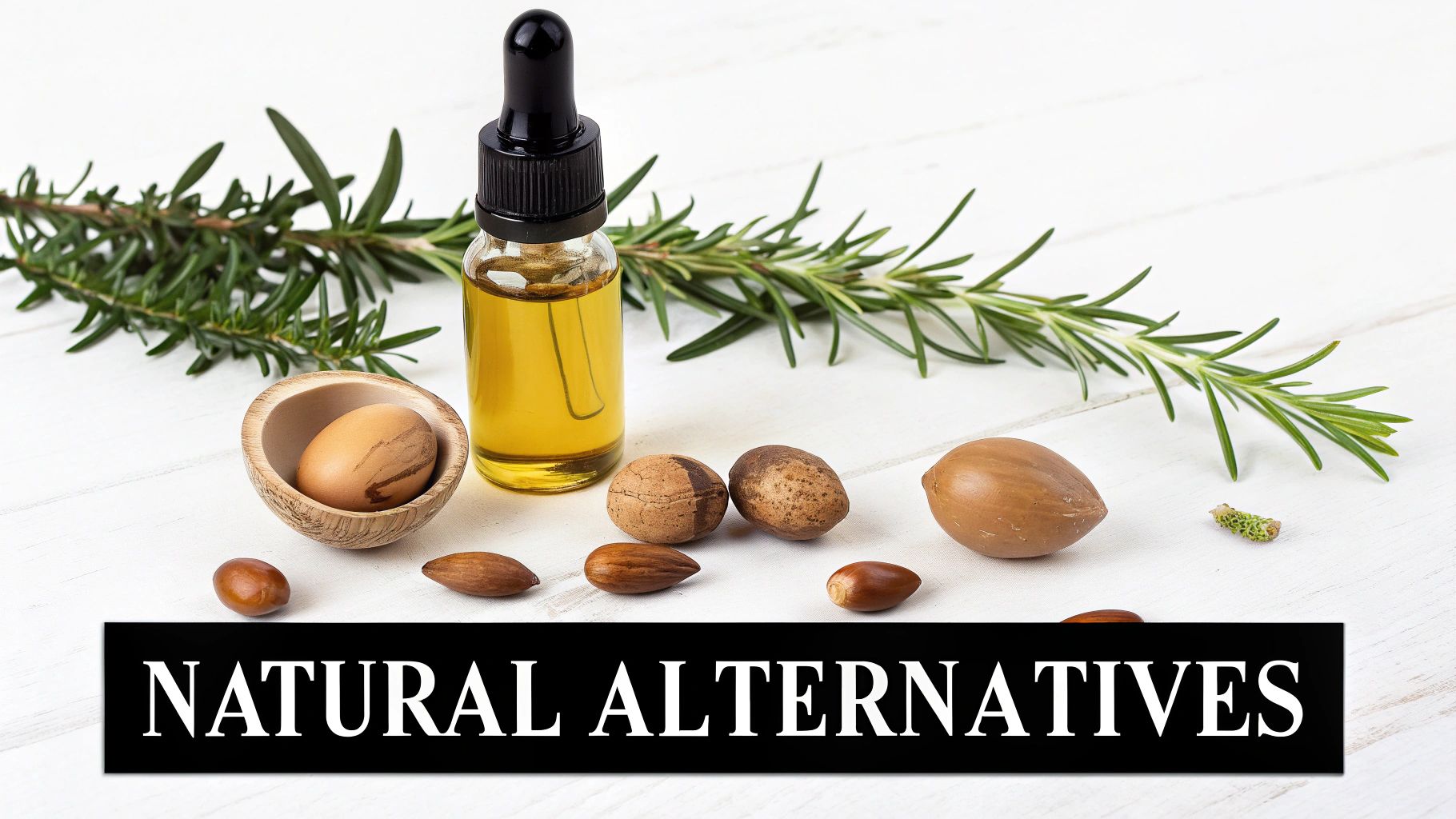 Natural essential oil, fresh rosemary, and various nuts and seeds displayed as natural alternatives on a white background.