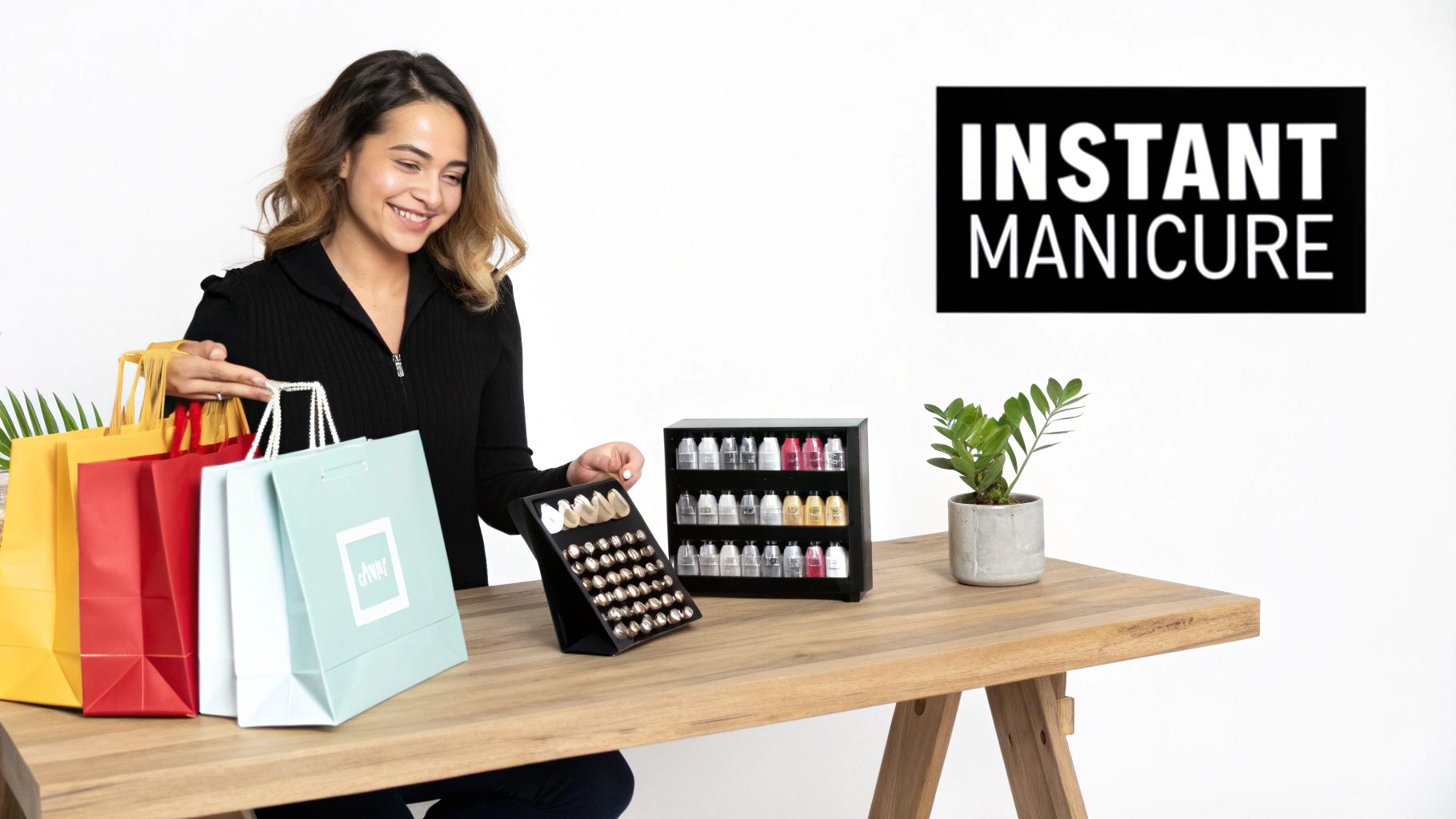 Smiling woman with colorful shopping bags, showcasing a press-on nail display and manicure products.