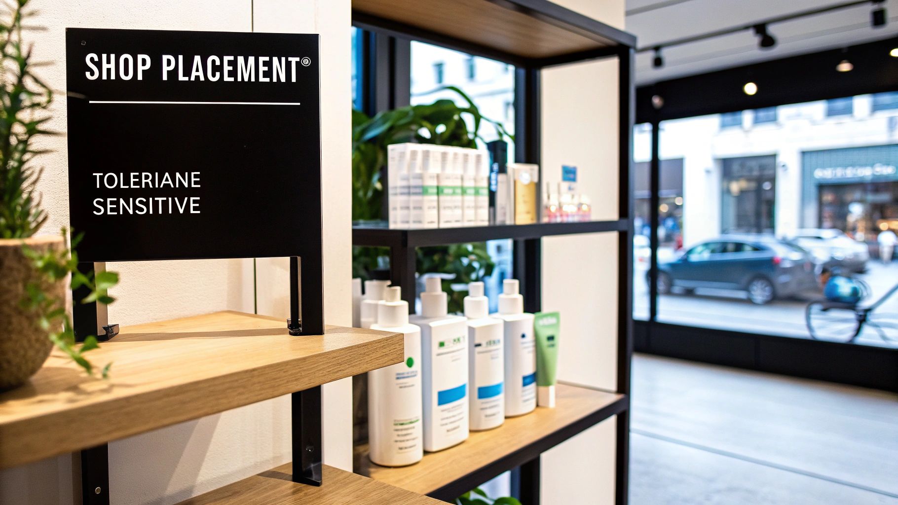 A black shop sign displaying 'TOLERIANE SENSITIVE' with La Roche-Posay skincare products on shelves.