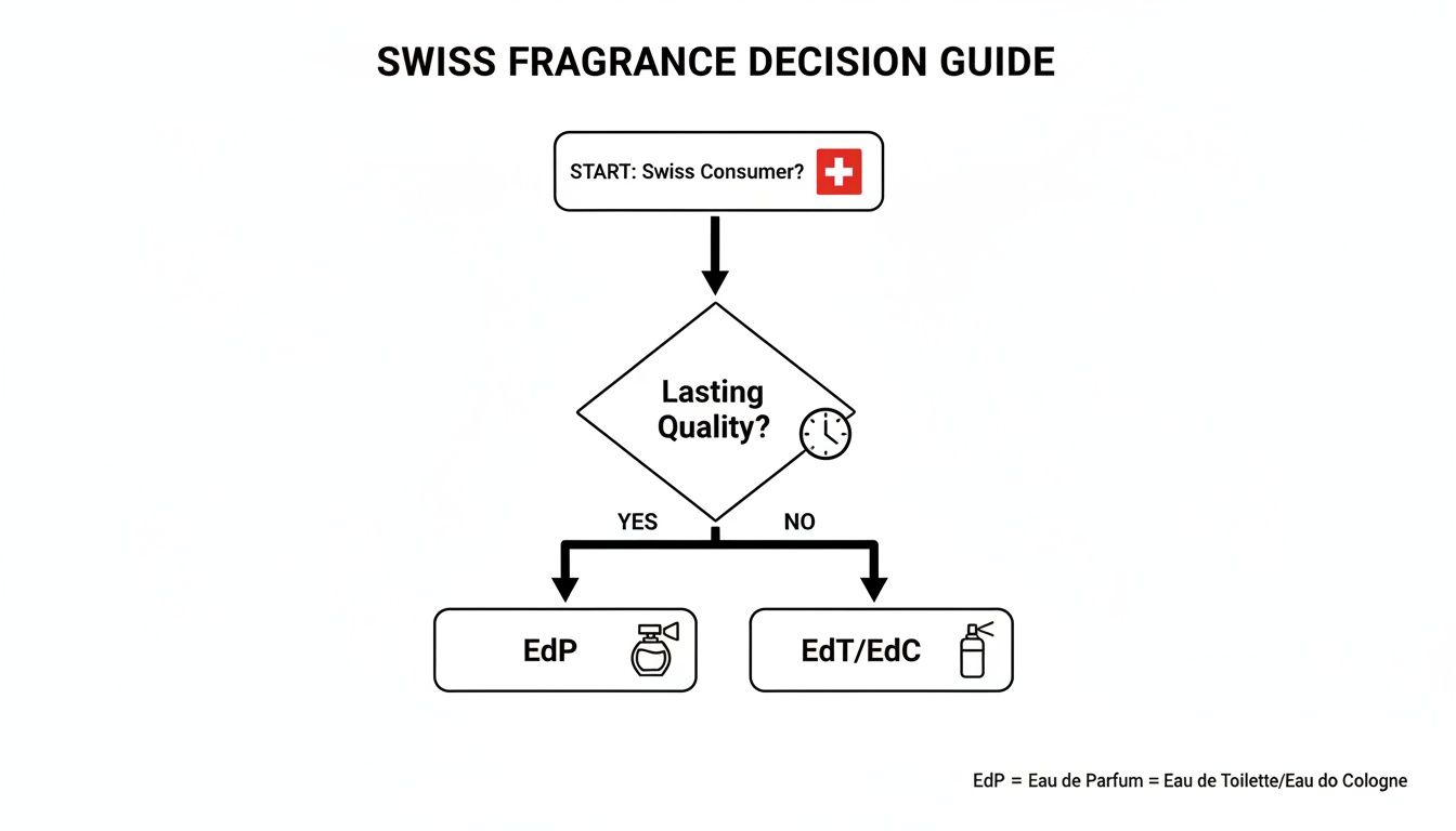 Flowchart guiding Swiss consumers to choose EdP or EdT/EdC based on desired lasting quality.