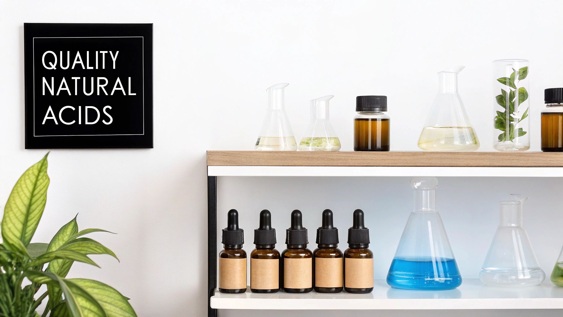 A shelf with natural acid dropper bottles and laboratory flasks, with a 'Quality Natural Acids' sign.
