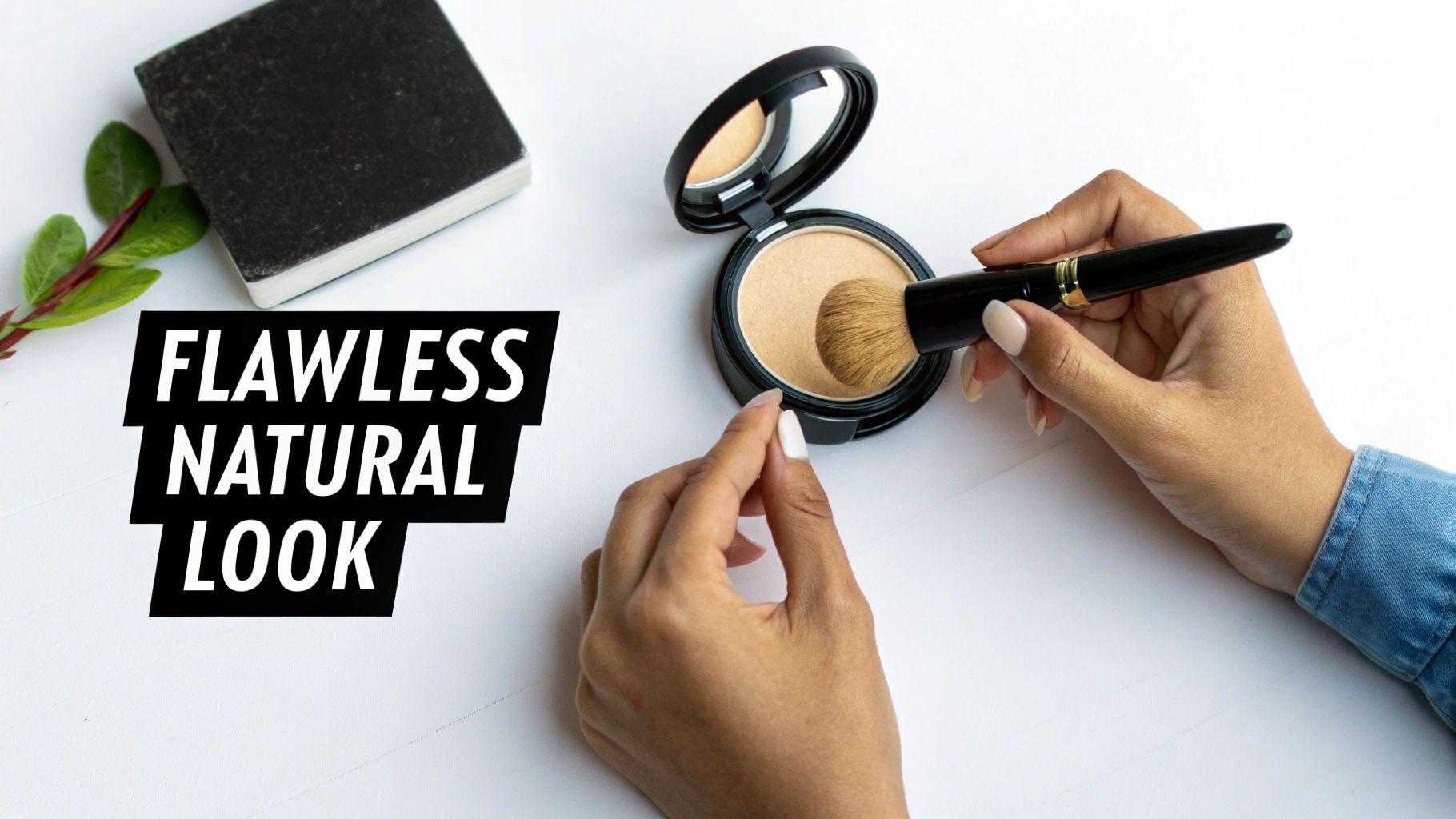 A person's hands apply pressed powder with a makeup brush, aiming for a flawless natural look.