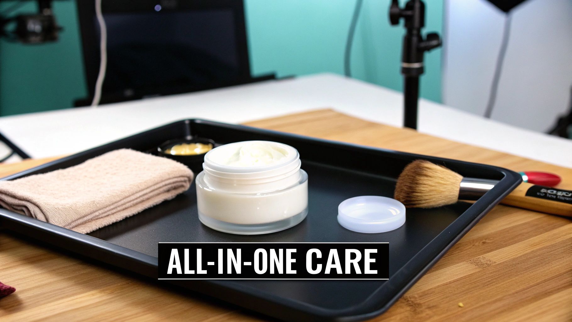 A jar of 'ALL-IN-ONE CARE' cream, a soft towel, and a makeup brush on a black tray.