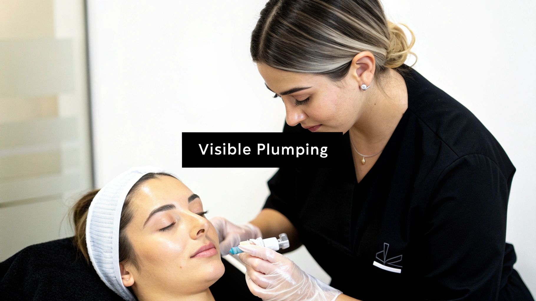 A professional applies a cosmetic serum to a client's face for visible plumping results.