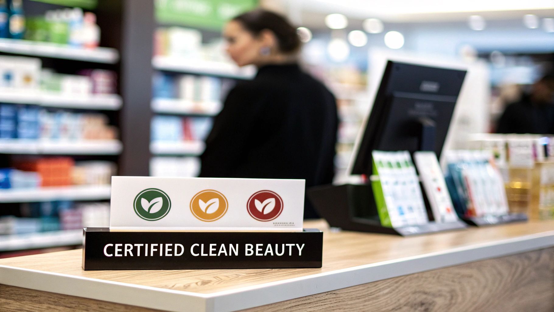 A 'Certified Clean Beauty' display on a counter, promoting eco-friendly products.