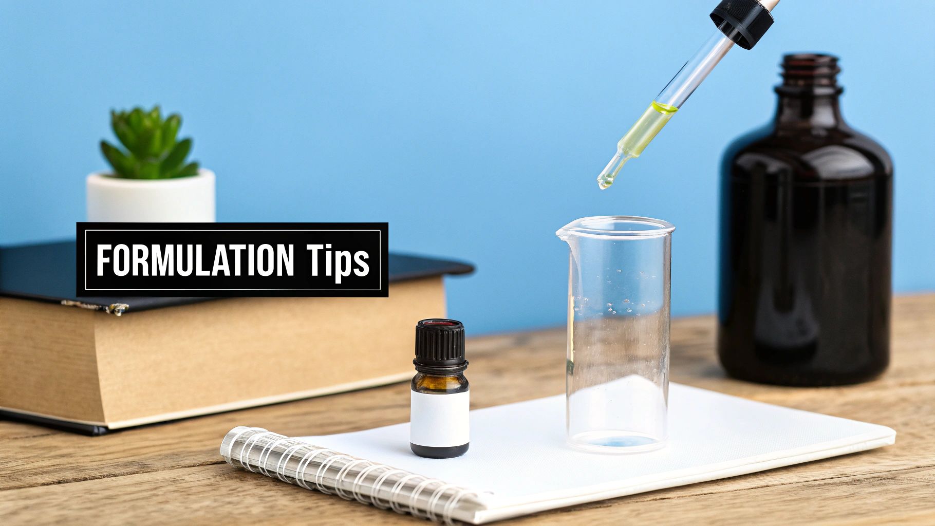 A dropper dispenses yellow liquid into a glass beaker on a wooden desk, symbolizing cosmetic formulation.