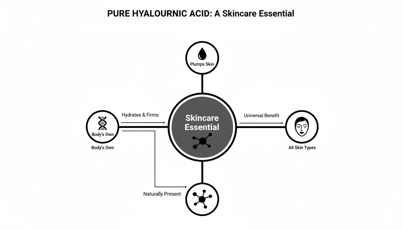 Diagram illustrating pure hyaluronic acid's benefits: plumps, hydrates, firms skin, universal for all skin types, and naturally present.