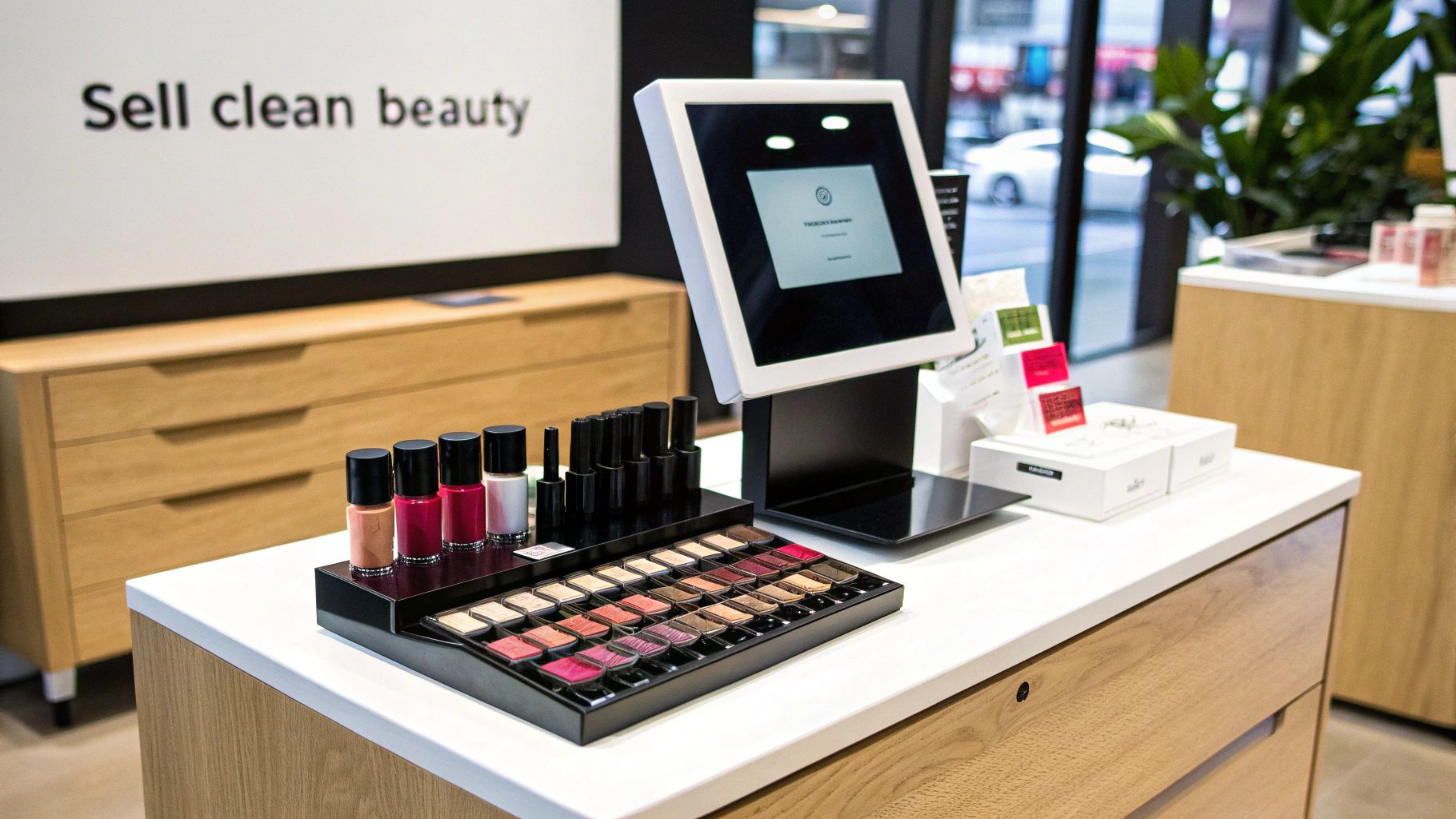 A modern beauty store counter showcasing various makeup products, nail polish, and a digital display.
