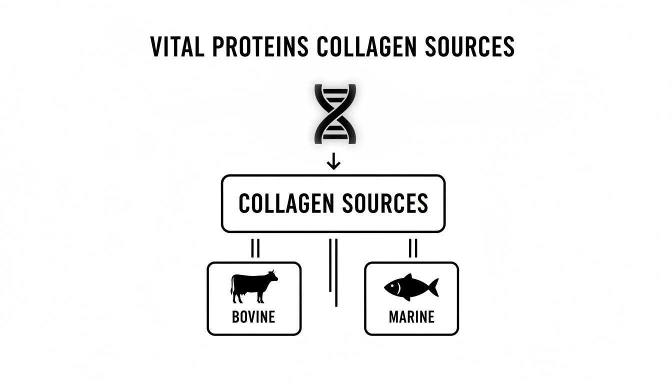 Diagram illustrating Vital Proteins collagen sources, differentiating between bovine and marine origins with icons.