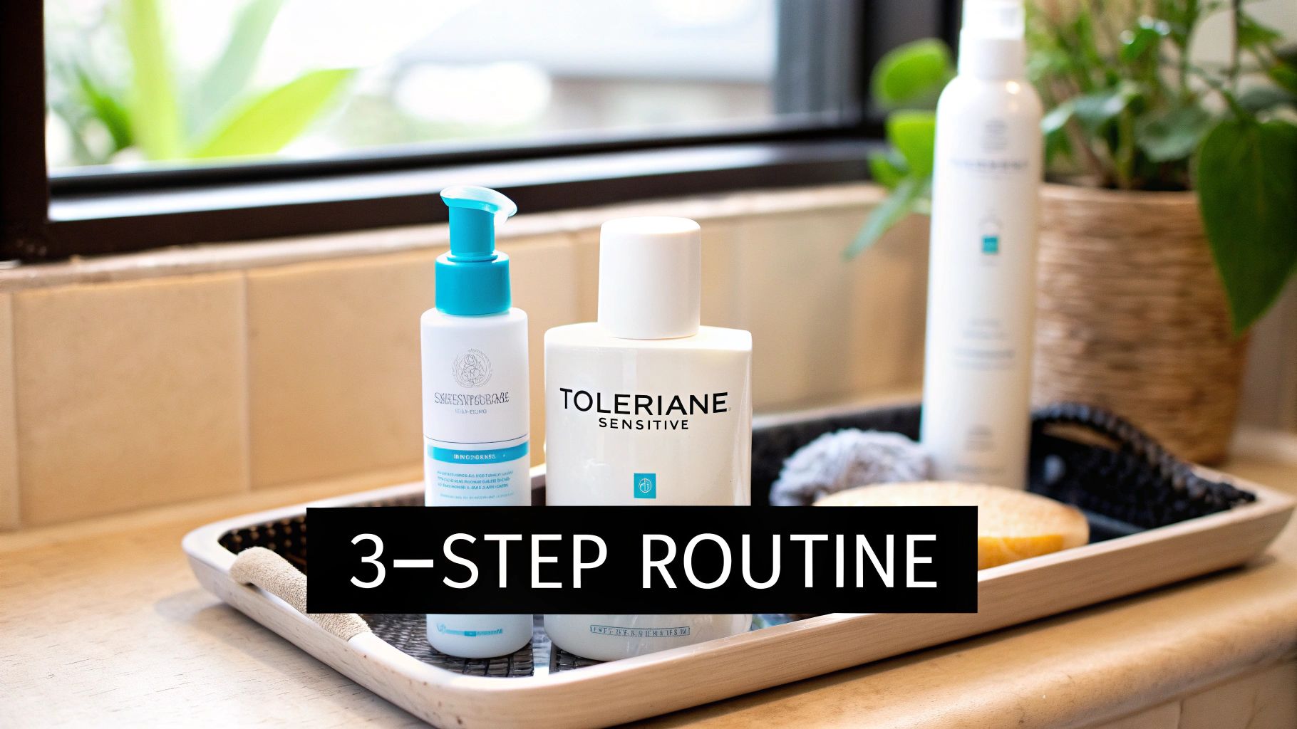 Three La Roche-Posay Toleriane Sensitive skincare products on a tray for a daily routine.