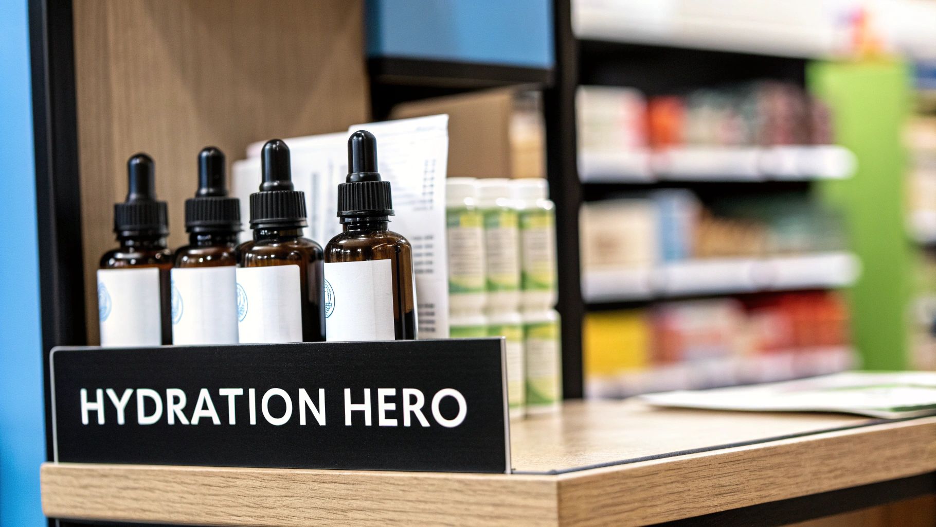 Brown dropper bottles on a 'Hydration Hero' display stand in a store with blurred shelves.