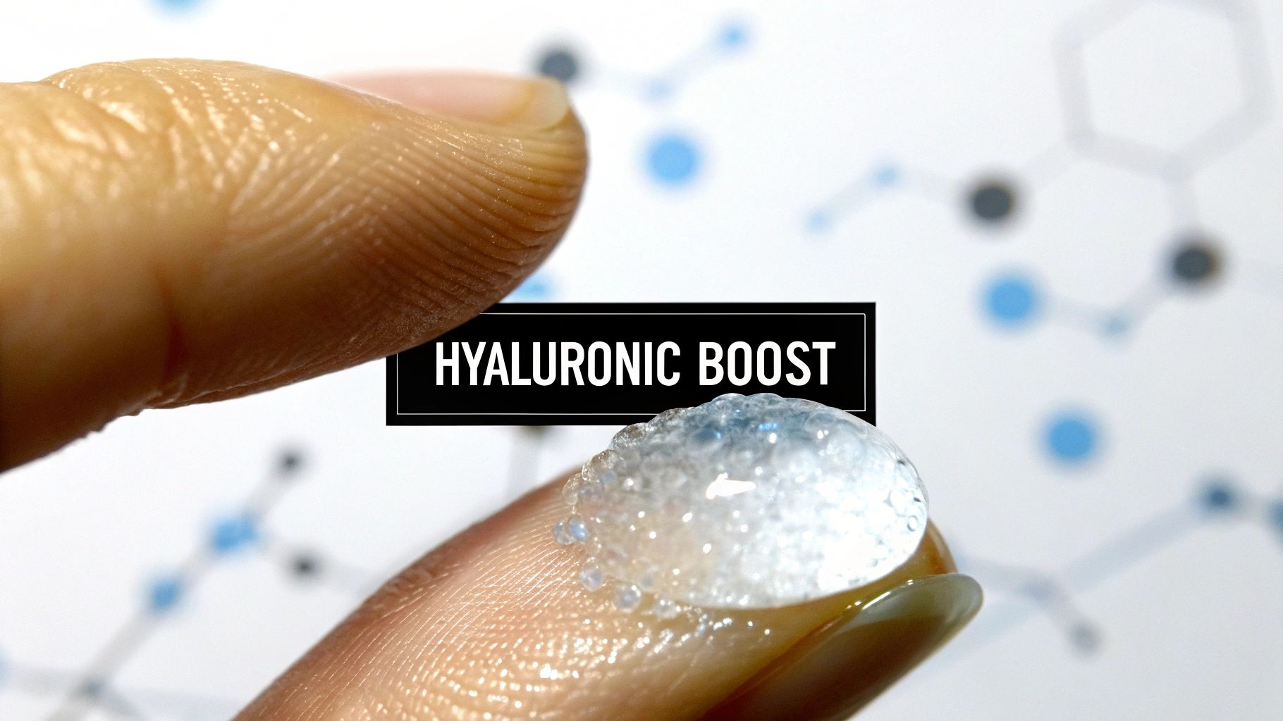 Close-up of a finger holding clear gel with 'HYALURONIC BOOST' text, against a blurred molecular background.
