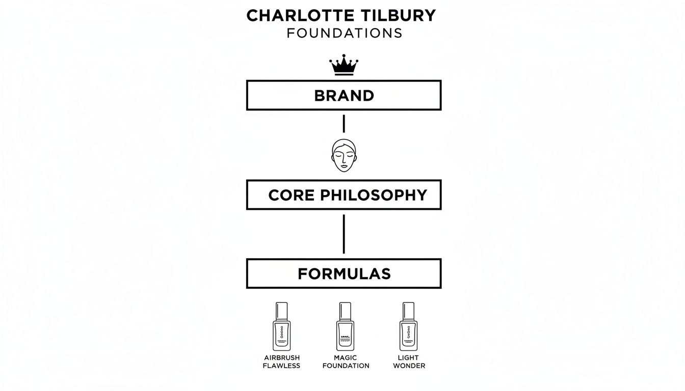 Charlotte Tilbury Foundations product hierarchy diagram showing Brand, Core Philosophy, and three product formulas: Airbrush Flawless, Magic Foundation, and Light Wonder.