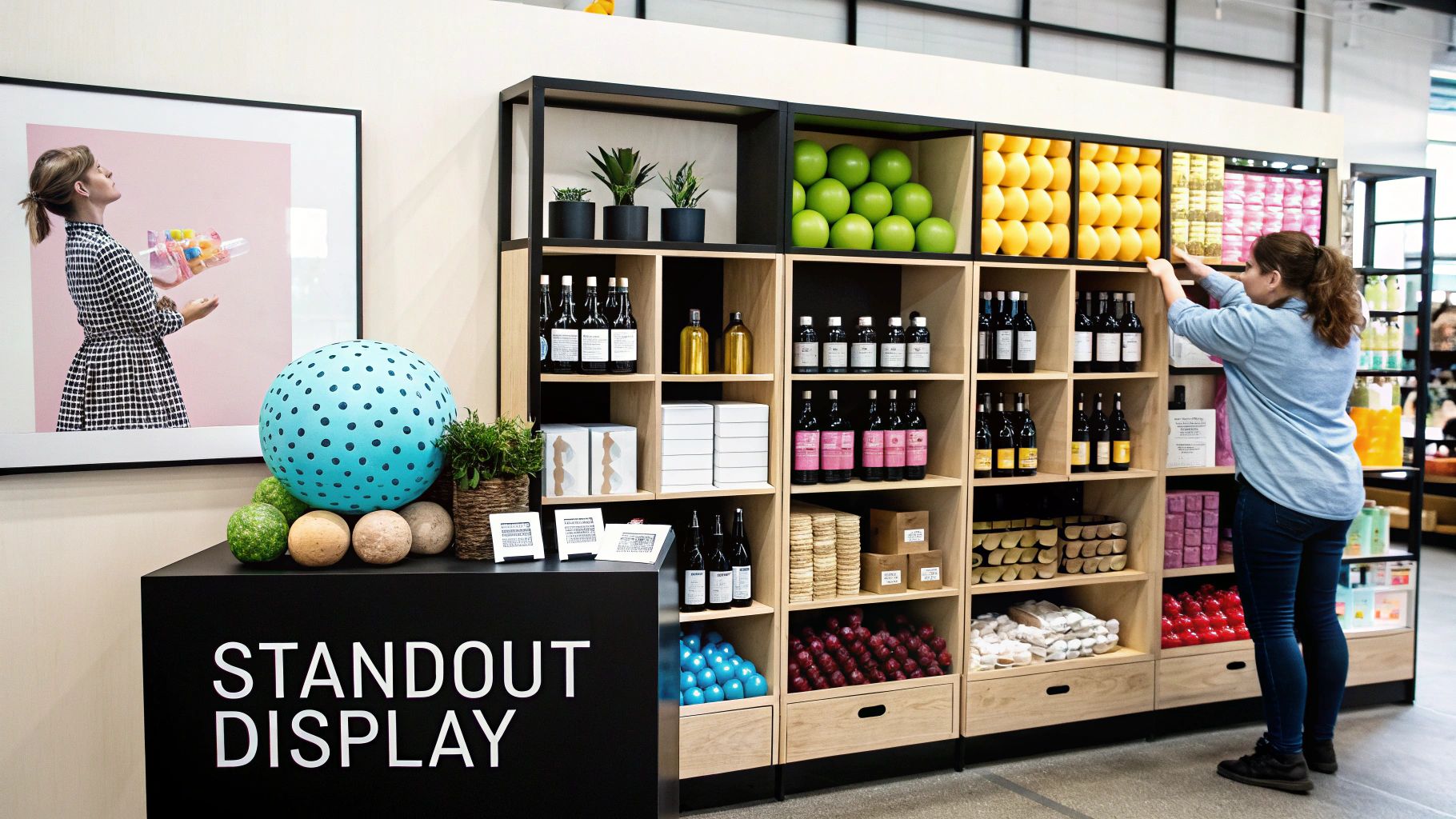 A woman organizes colorful products on modern wooden shelves in a bright, well-designed retail store.