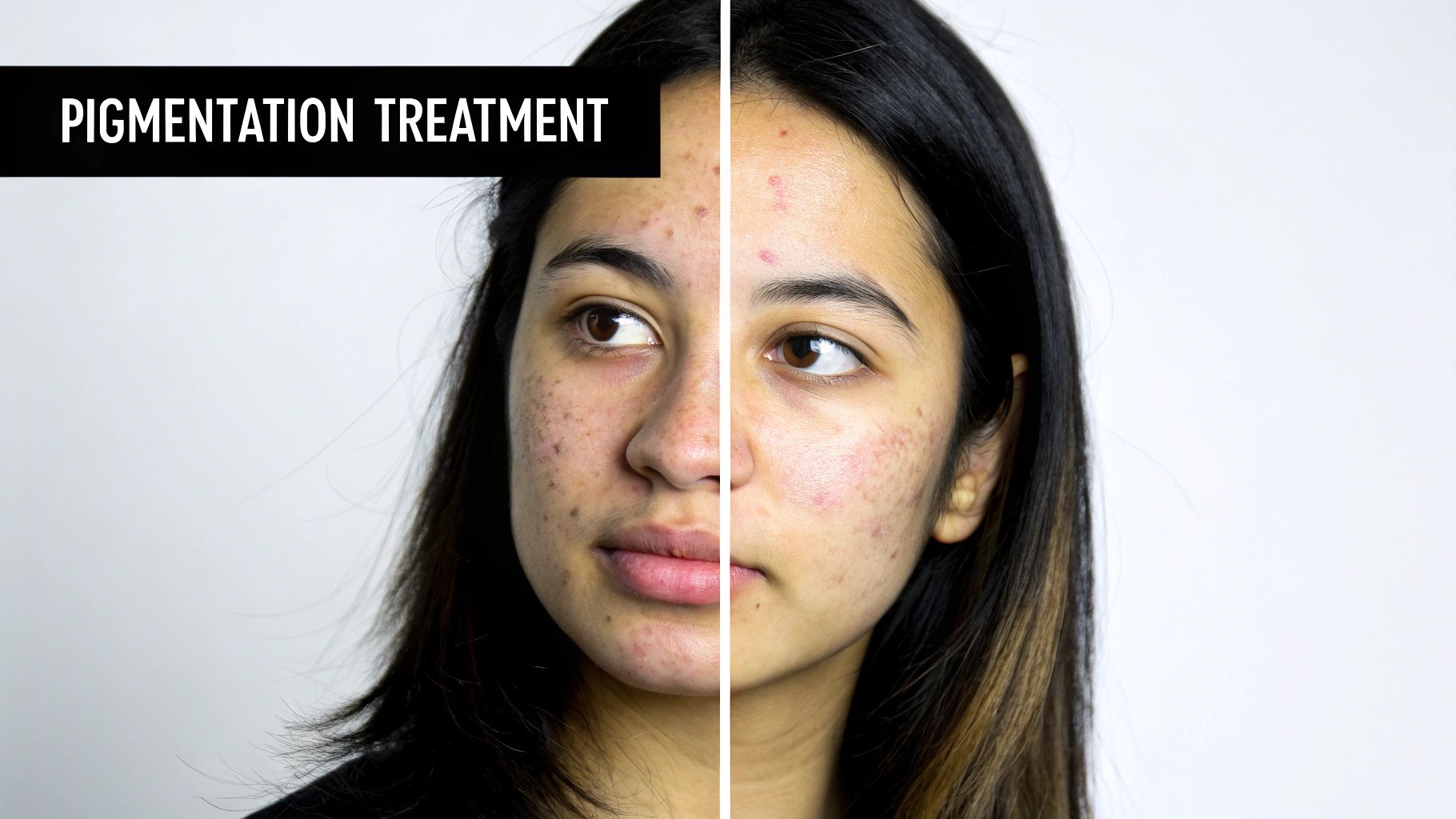 Before and after close-up of a woman's face, demonstrating successful pigmentation and acne treatment.