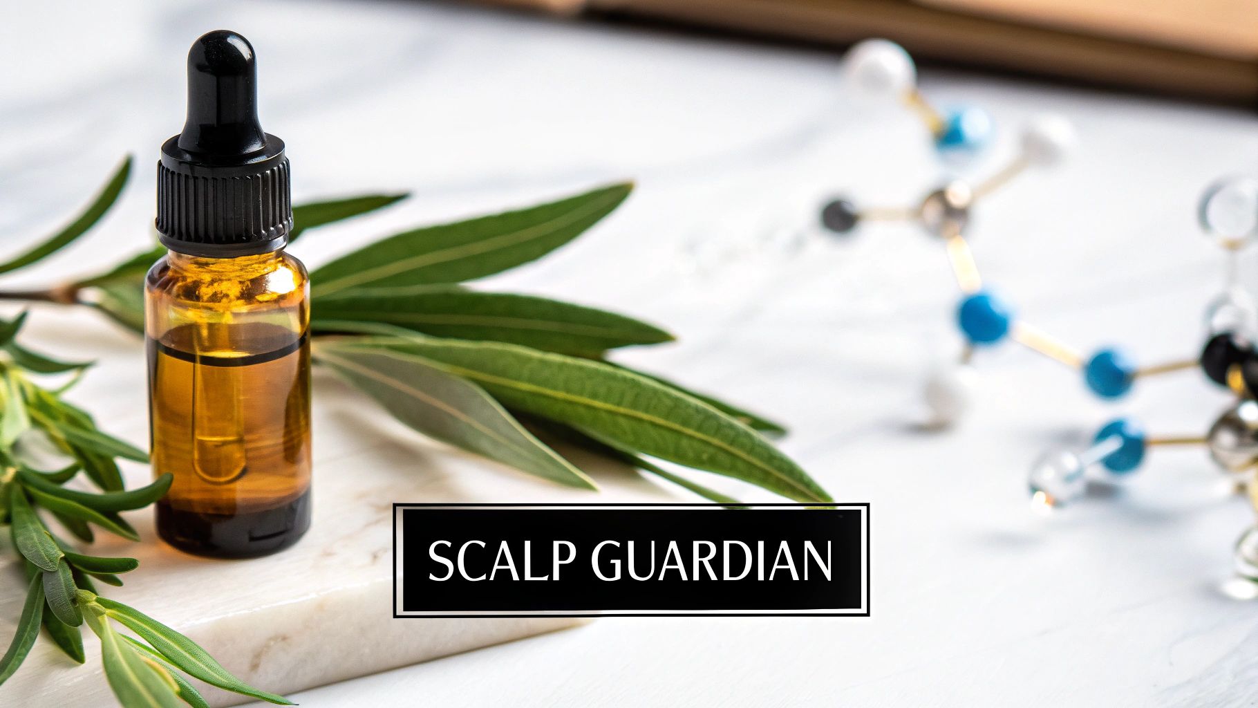 Amber dropper bottle of natural scalp treatment oil, surrounded by green leaves and a molecular model.