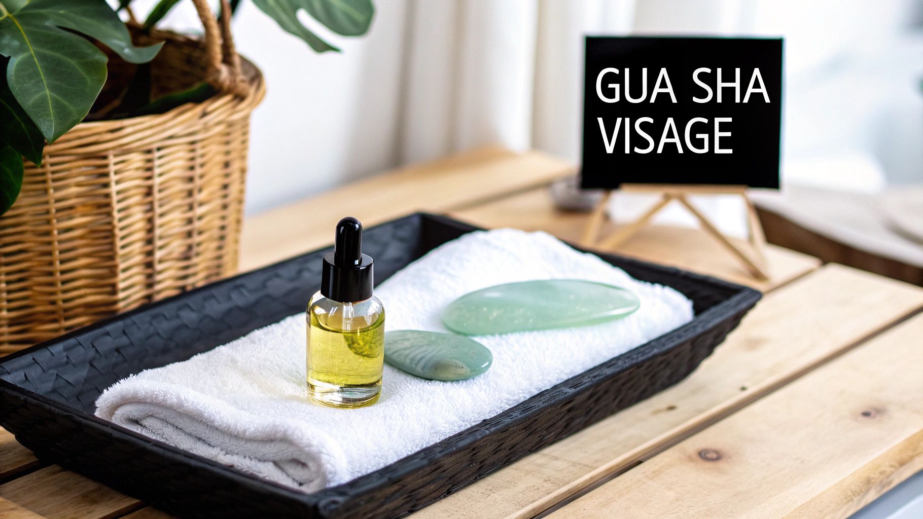 Gua sha facial tools, oil, and towel in a tray on a wooden table with a 'GUA SHA VISAGE' sign.